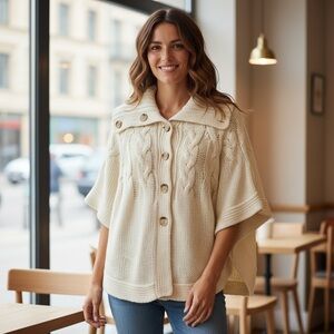 Old Navy Cream Knit Button Down Short Sleeve Poncho Sweater Size S/P